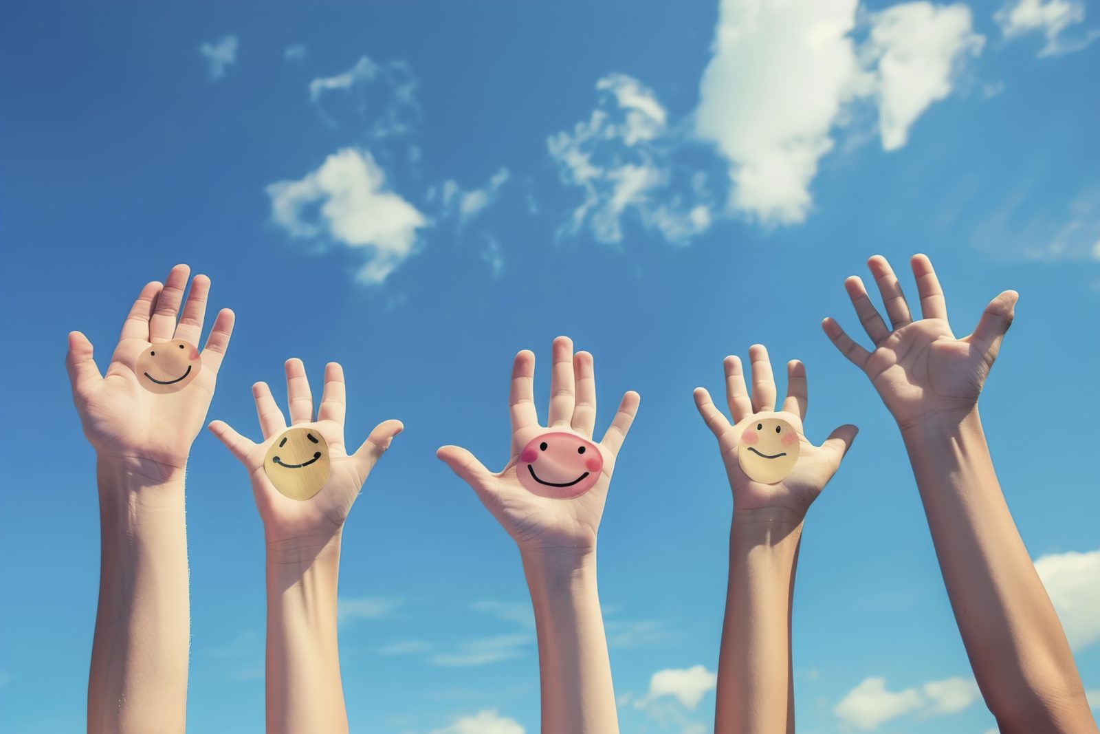 happy-people-with-smiley-hands-against-blue-summer