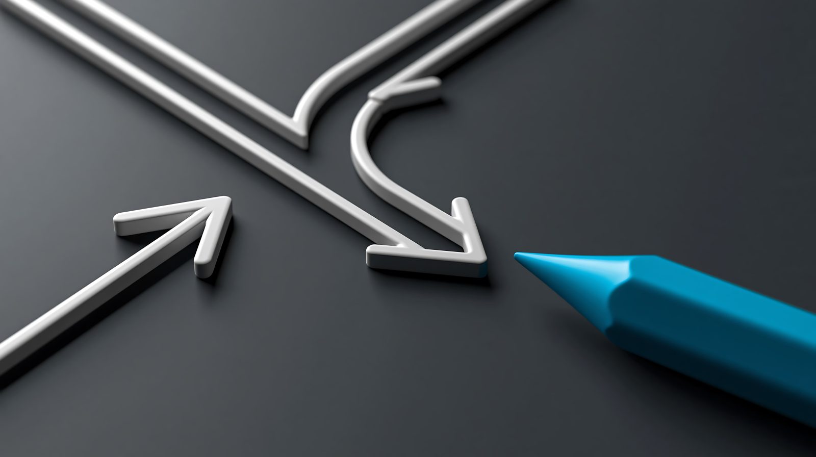 blue-pencil-pointing-splitting-white-arrow-3d-illustration